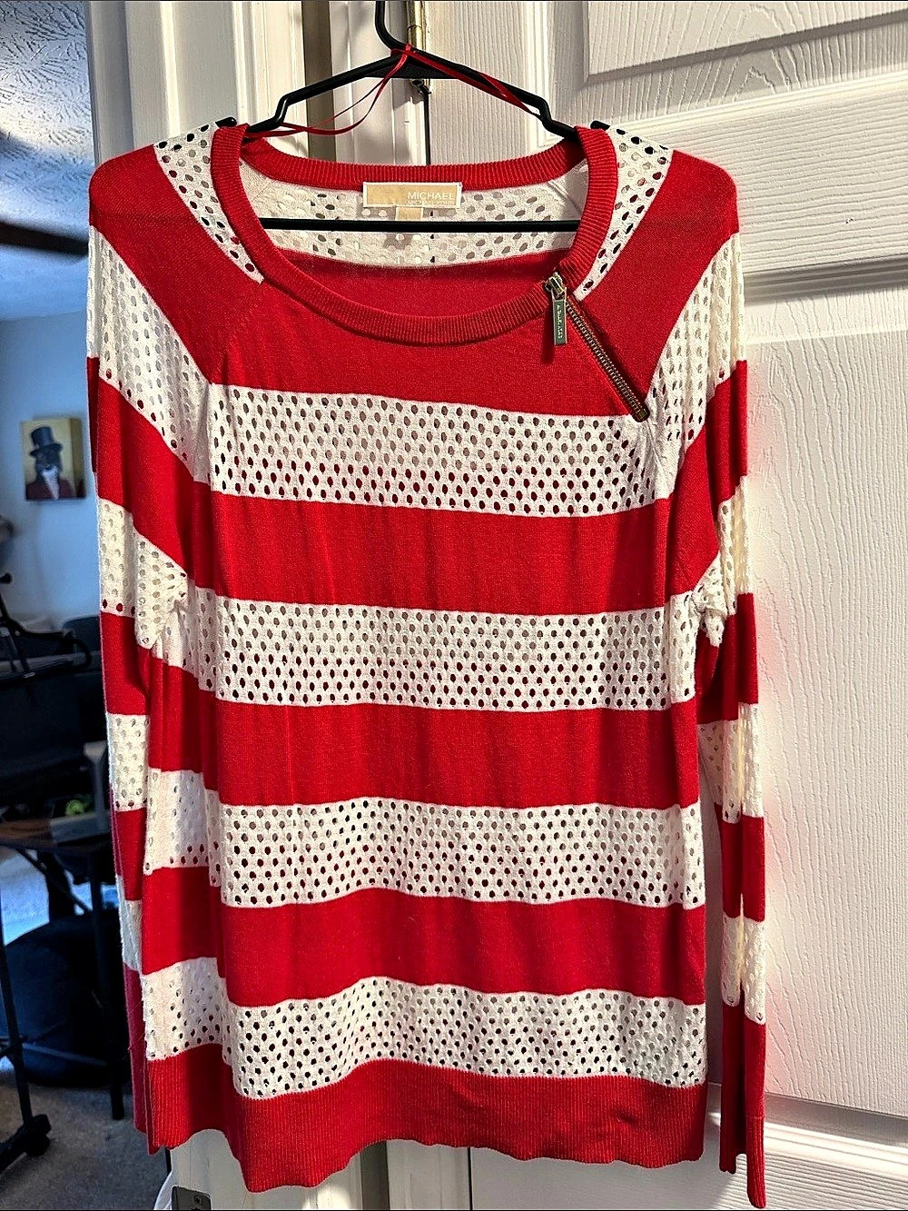 Michael Kors Striped Crew Neck Sweater in Red & White Size Large Like New